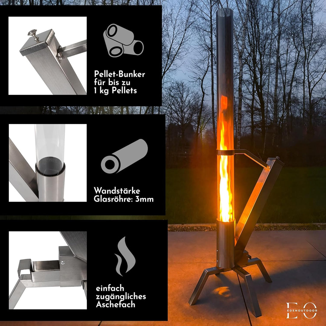 Edenoutdoor Pelletfackel Edelstahl – Feuerrohr mit Glasröhre, Feuersäule für Garten & Terrasse, deko