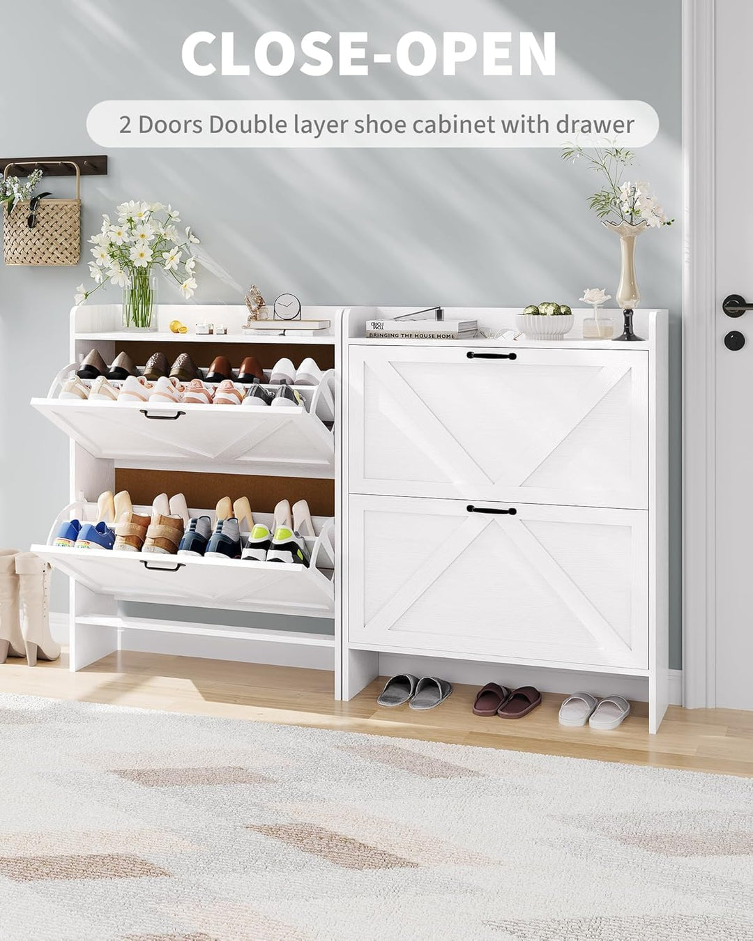 Breit 80 X24x100 Hoch cm Schuhschrank Mit 2 Klappen, Verstellbare Zweistufige Regalböden, Schmal Sch