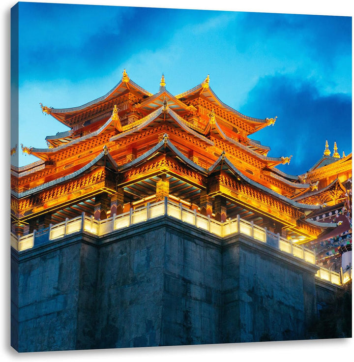 Pixxprint Leuchtender Tempel in China, Format: 70x70 auf Leinwand, 70x70