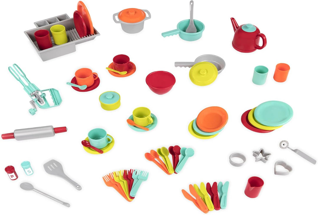 Battat Deluxe Küchenset, Kinderküche Zubehör Geschirr Set und Topfset Teller, Tassen, Besteck – Kind