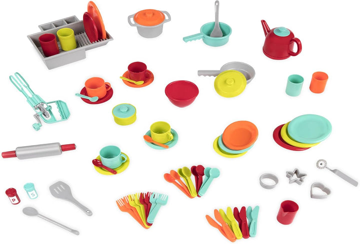 Battat Deluxe Küchenset, Kinderküche Zubehör Geschirr Set und Topfset Teller, Tassen, Besteck – Kind