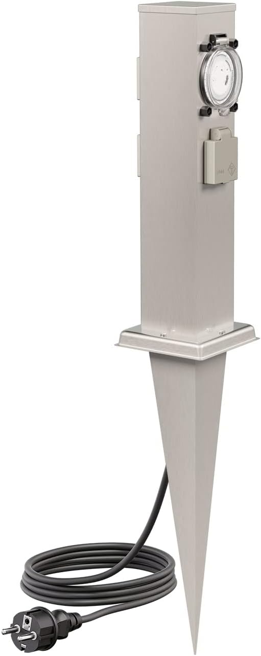 ledscom.de Garten-Steckdosen-Säule Polly mit Erdspiess und 2m Kabel für aussen, 3-Fach mit Timer/Zei