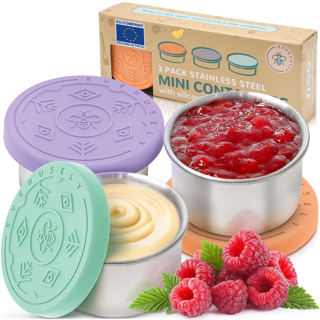 Everusely Mini-Salat-Dressing-Behälter für unterwegs, auslaufsicher, Edelstahl, kleine Gewürzbehälte