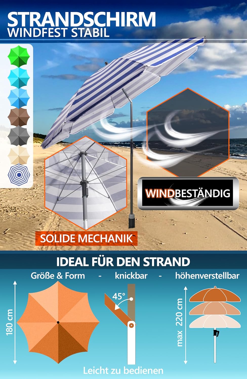 4smile Sonnenschirm Strand SunnyJoy Ø 180 cm, 3er Set - Strandschirm mit UV Schutz 50+, inkl. Sonnen