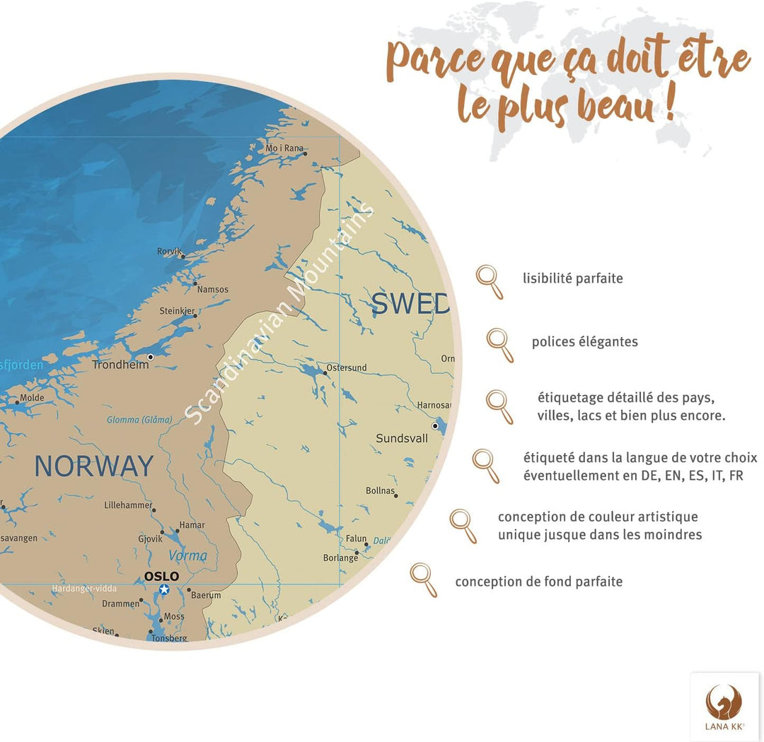 LANA KK - Europakarte Leinwandbild mit Korkrückwand zum pinnen der Reiseziele – englisch - Europa Me