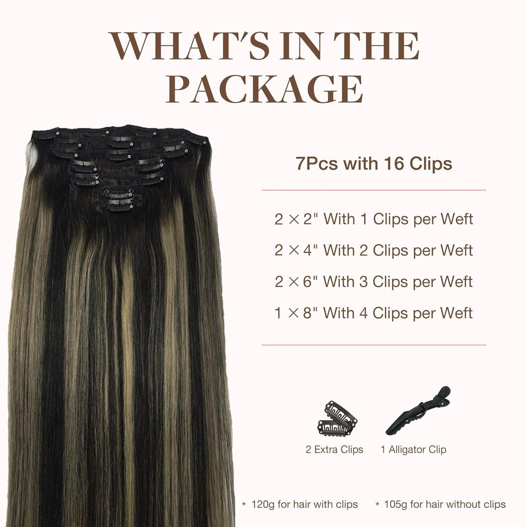 GOO GOO Clip in Extensions Echthaar, Echthaar Extensions Clip, 45cm 120g 7pcs, Clip In Haarverlänger