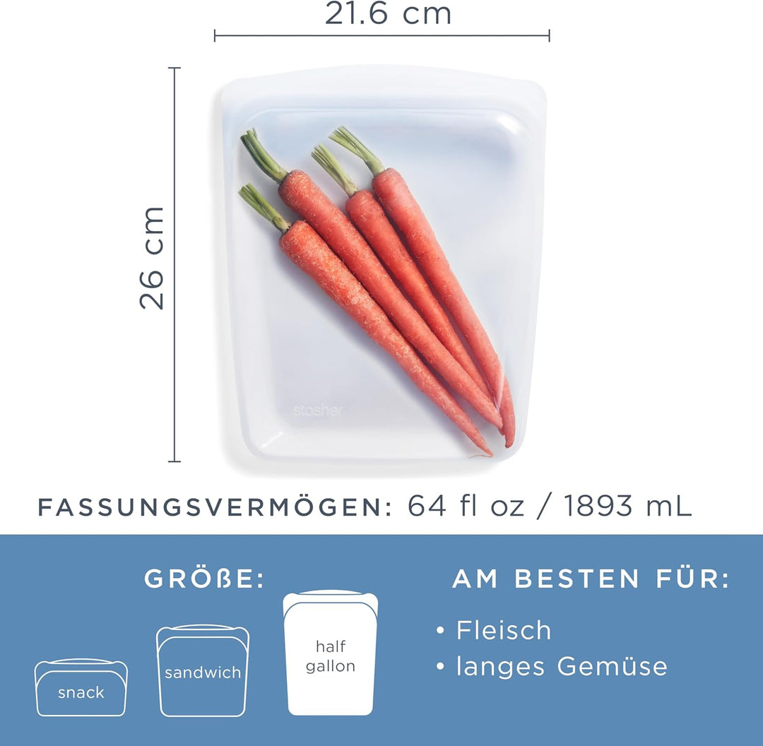 Stasher Bag Premium Silikonbeutel wiederverwendbar für Lebensmittel, Half Gallon, Klar, Dauerhaft, B