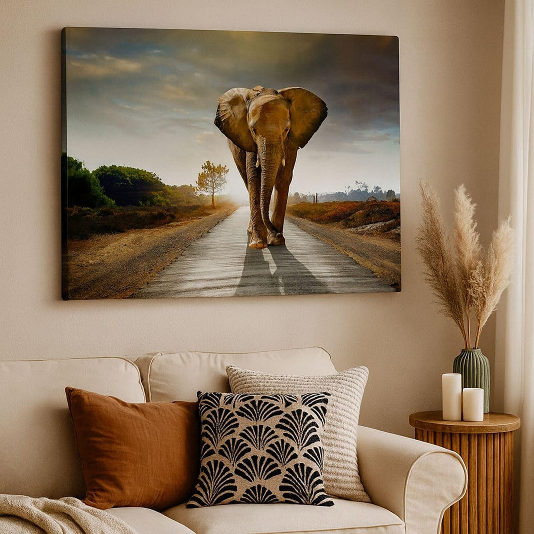 Bilder auf Leinwand 100x70cm Leinwandbild Elefant Strasse Landschaft Gross Wanddeko Bild Schlafzimme