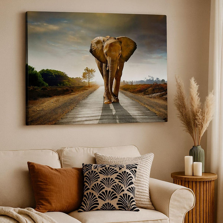 Bilder auf Leinwand 100x70cm Leinwandbild Elefant Strasse Landschaft Gross Wanddeko Bild Schlafzimme