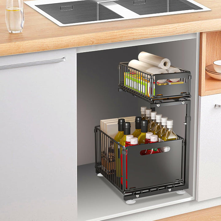 Ausziehbarer Organizer aus Metall, Aufbewahrung unter der Spüle, verstellbar, ausziehbar, Schublade,