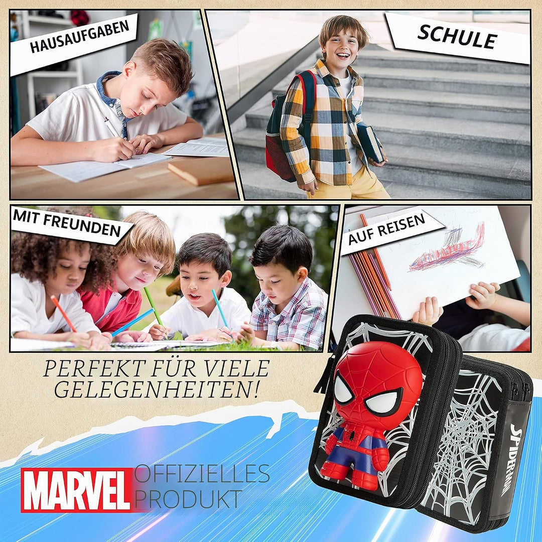Marvel Federmäppchen für Jungen, Federmäppchen, Fächer, gefüllt, für Schule, Filz, Buntstift, Gesche