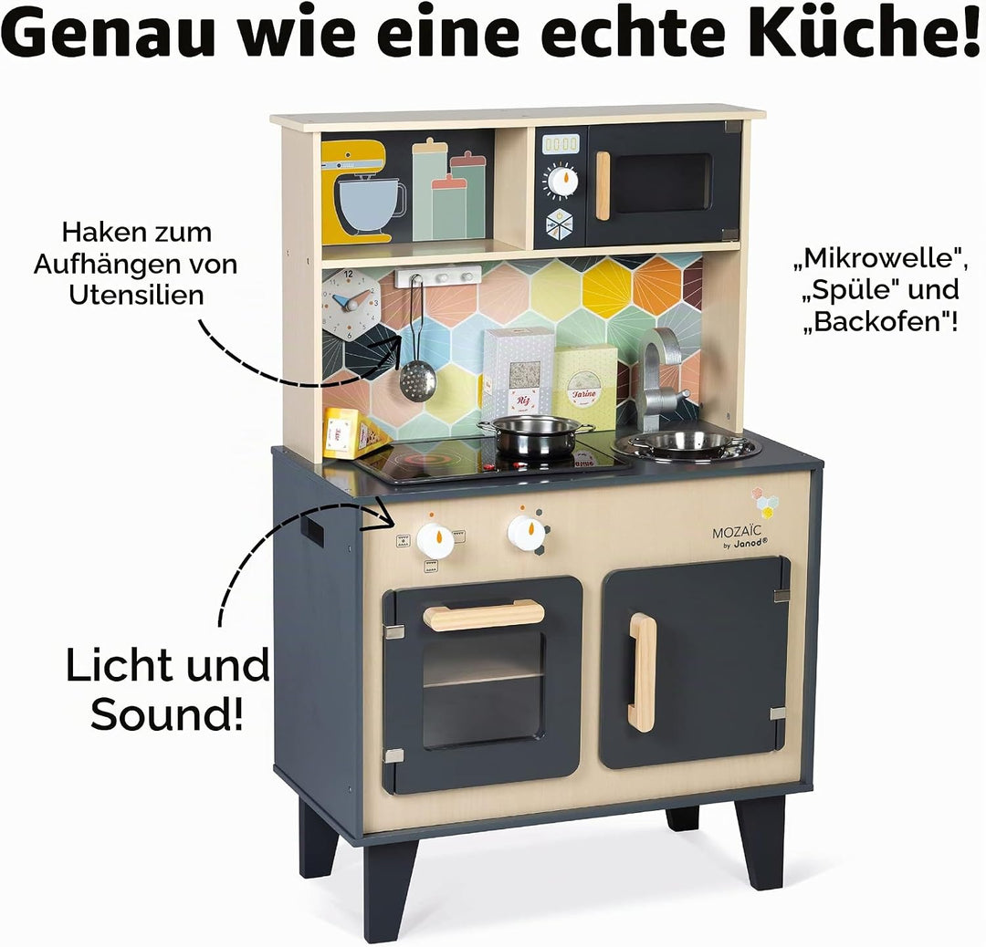 Janod - Mozaïc Big Cooker - Spielküche für Kinder - Kinderküche mit Sound und Licht - Holzküche mit