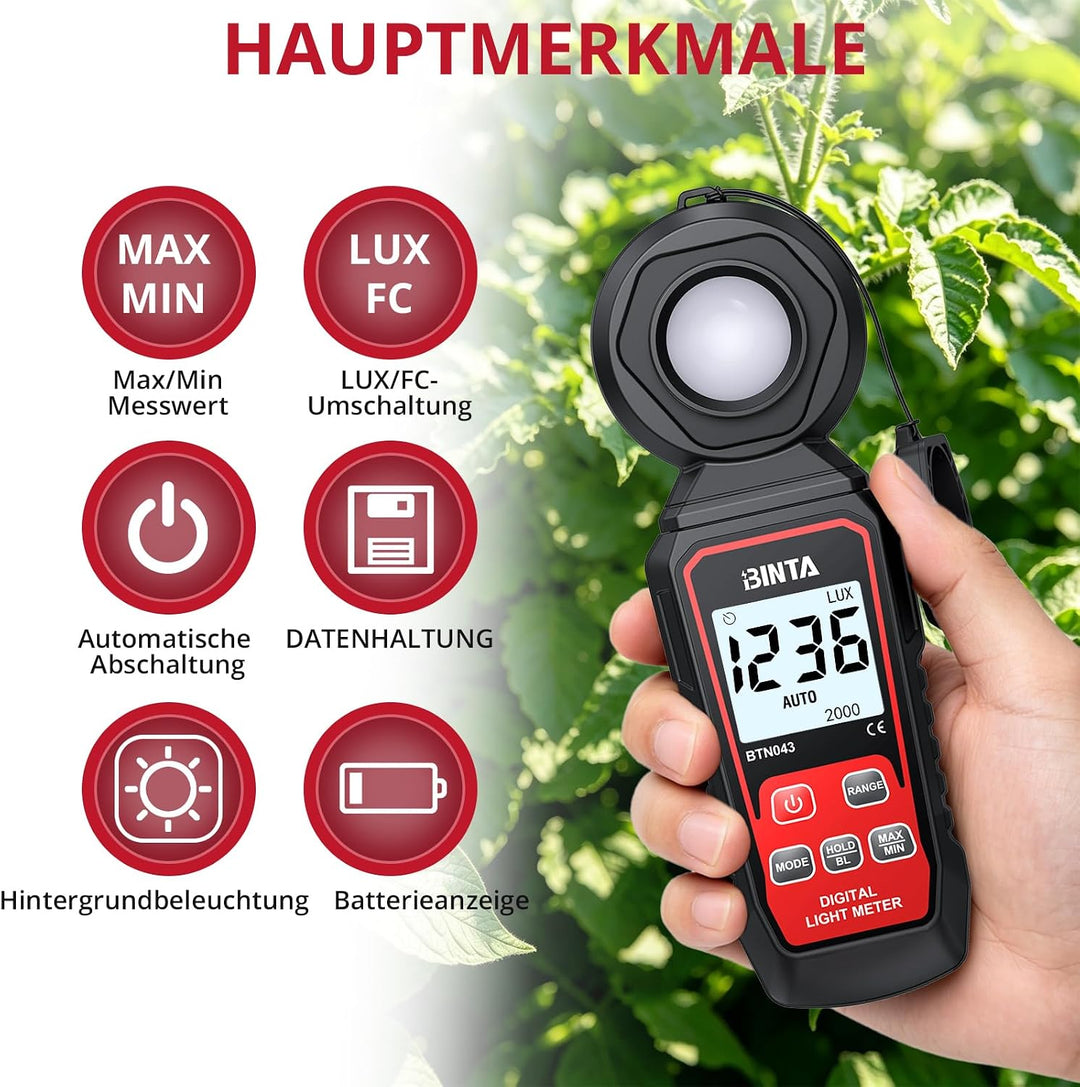 BINTA Digital Luxmeter Tragbare Belichtungsmesser Beleuchtungsstärke | Lichtmesser mit Bereich bis z