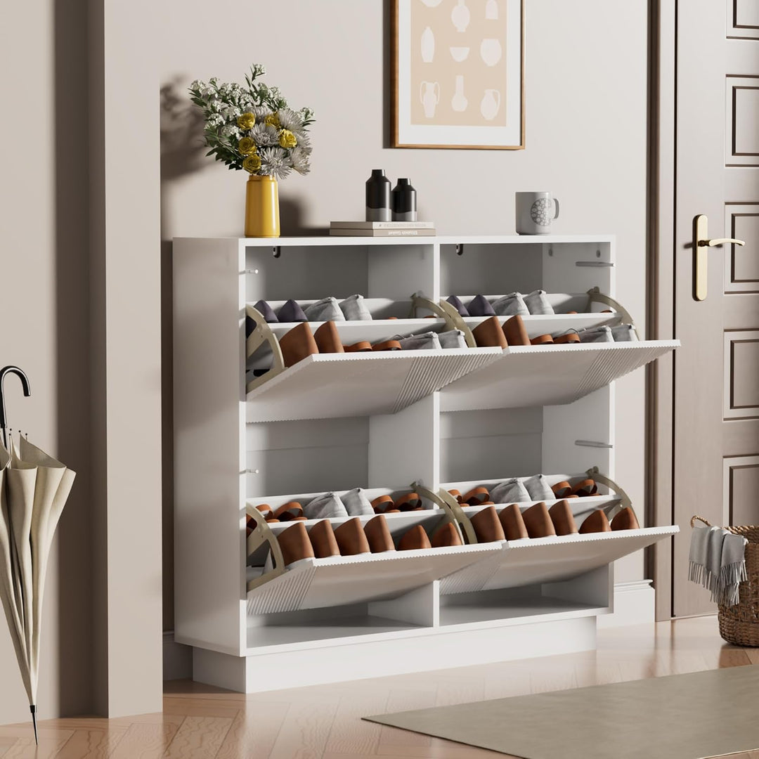 UEV Schuhschrank mit 4 Klappen schmal, Drucktüröffner Push to Open, Schuhkommode mit Kippschutz, Sch