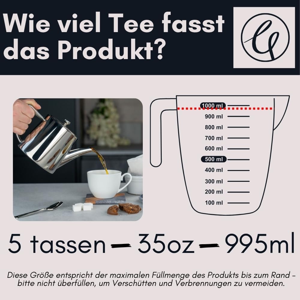 Café Olé DW-035 Derwent Teekanne, Edelstahl, 900 ml, 3 Tassen, hochglanzpoliert 35oz (900ml), 35oz (
