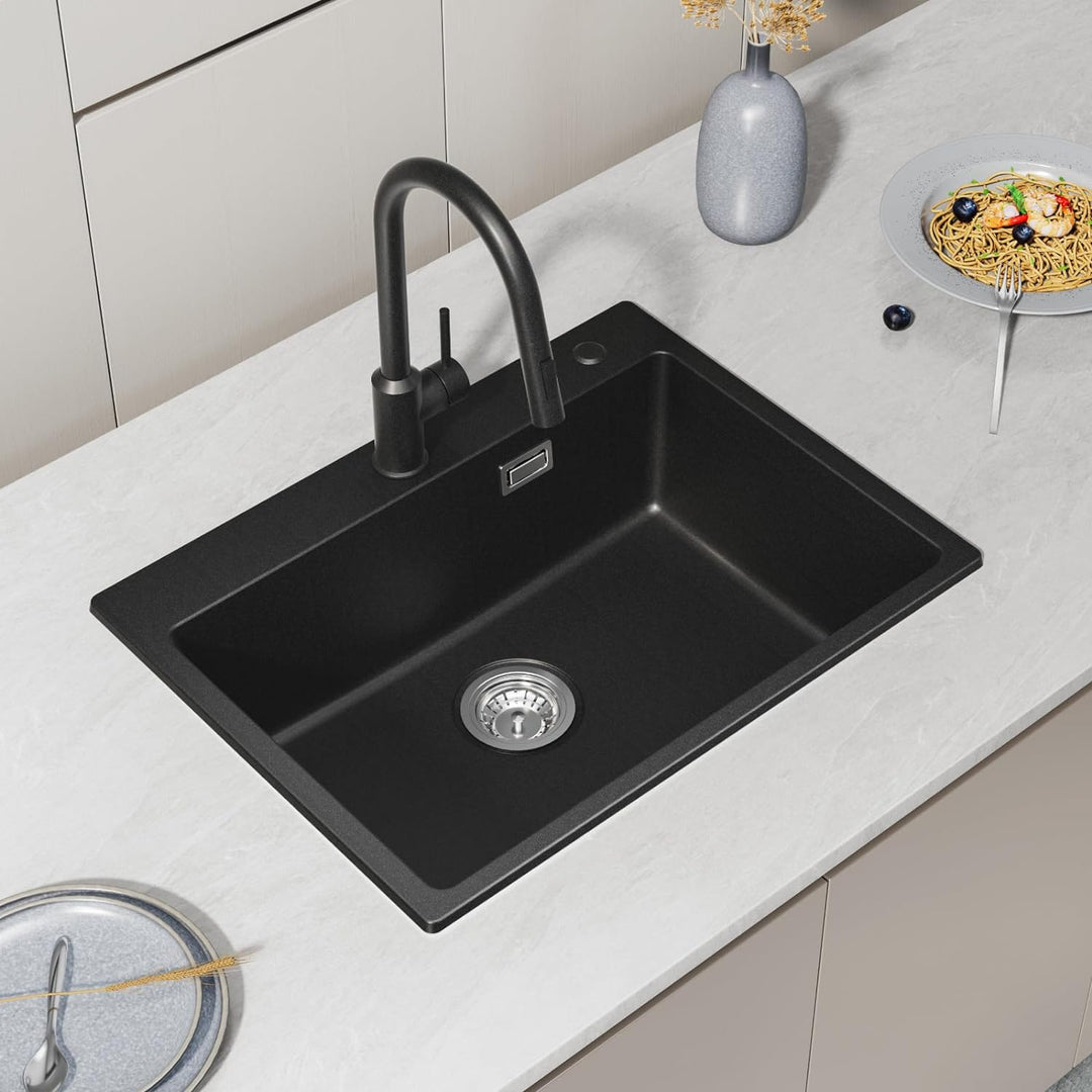 CECIPA Spülbecken Schwarz Granit 60 x 45 cm, Küchenspüle mit Siebkorb, Waschbecken Küche, Spüle Schw