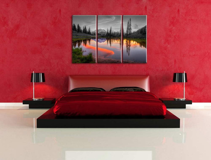 Sonnenaufgang an kleinem Bergsee schwarz/weiss 3-Teiler Leinwandbild 120x80 Bild auf Leinwand, XXL r
