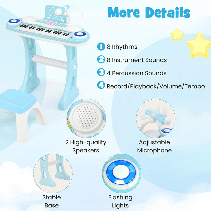 KOMFOTTEU 37 Tasten Kinderklavier Set, Elektronisches Klavier mit Lichteffekten und verstellbarem Mi