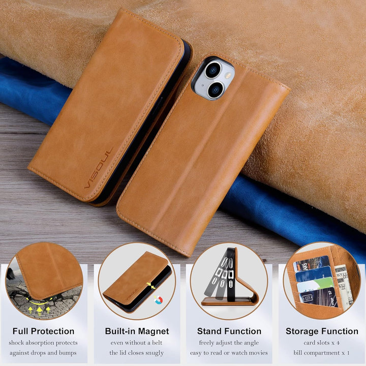 VISOUL iPhone 14 Plus Hülle, Stossfeste Handyhülle [Erstklassiges Rindsleder], TPU Schutzhülle [Kart