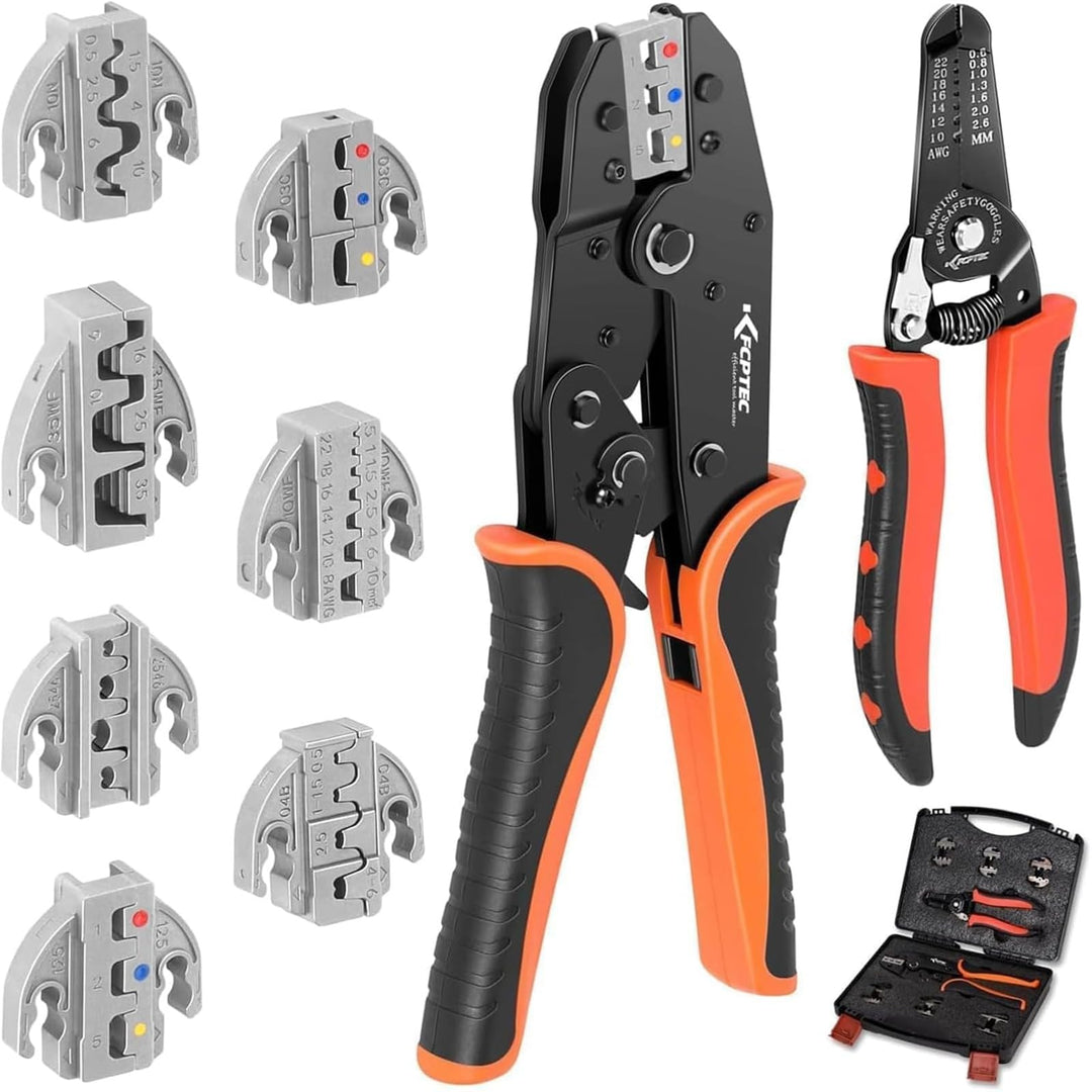 KF CPTEC Crimpzangen Set 9-teilig, Ratschen Crimpzange mit 7 Wechselbacken, AWG 22-2 (0,5–35 mm²) fü