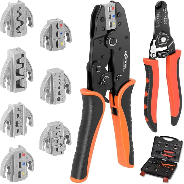 KF CPTEC Crimpzangen Set 9-teilig, Ratschen Crimpzange mit 7 Wechselbacken, AWG 22-2 (0,5–35 mm²) fü