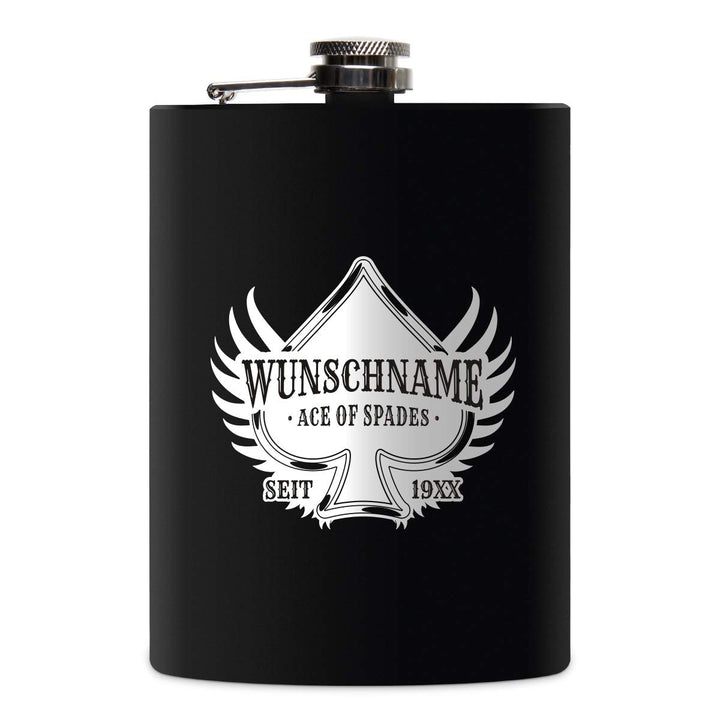 Flachmann Edelstahl Schwarz Matt 237 ml 8 oz individuelle Gravur in Silber - Ace of Spades, Ace of S