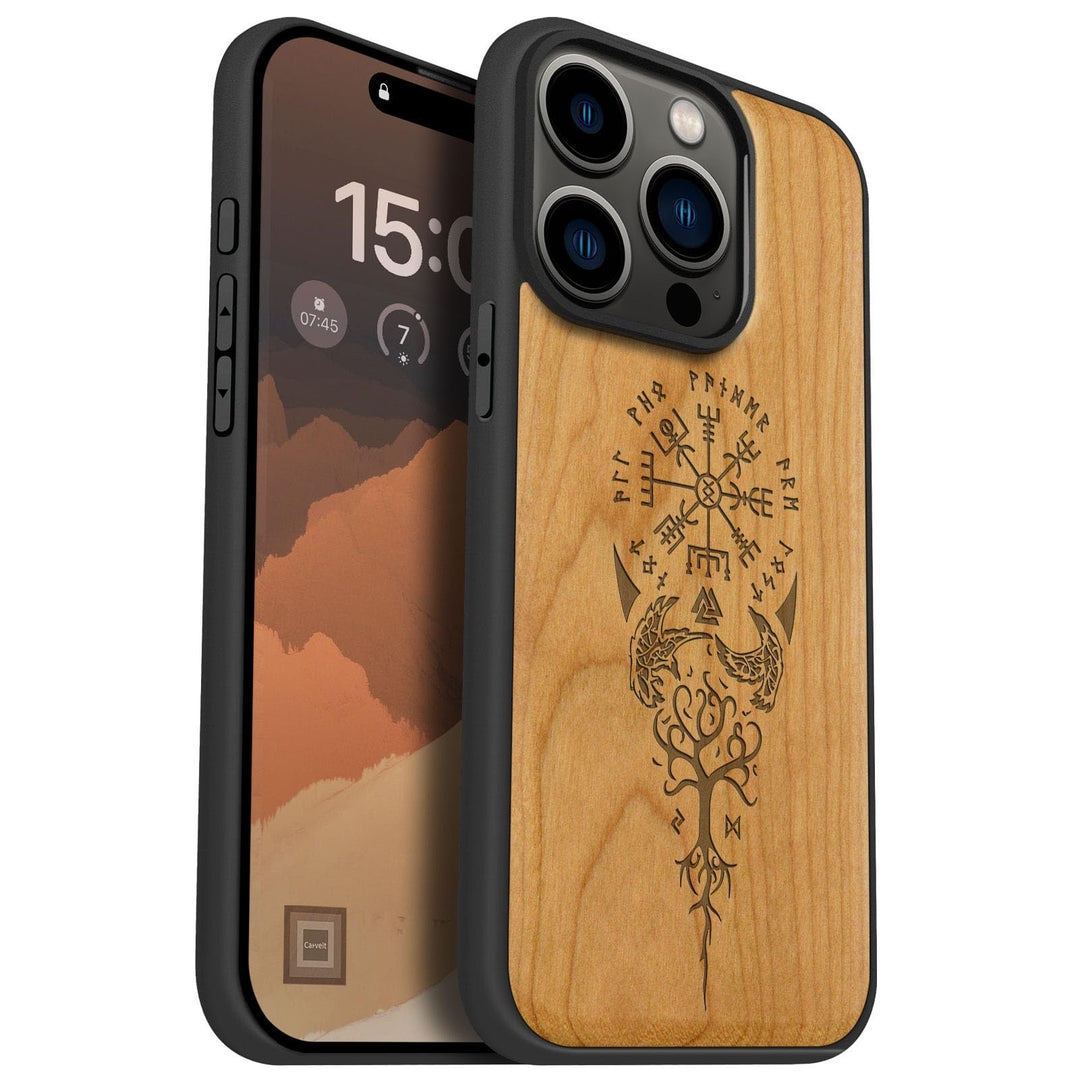 Carveit Holz Cover für iPhone 15 Pro hülle, Kompatibel mit Magsafe Silikon Stossfeste Cover, Magneti