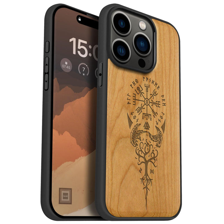 Carveit Holz Cover für iPhone 15 Pro hülle, Kompatibel mit Magsafe Silikon Stossfeste Cover, Magneti