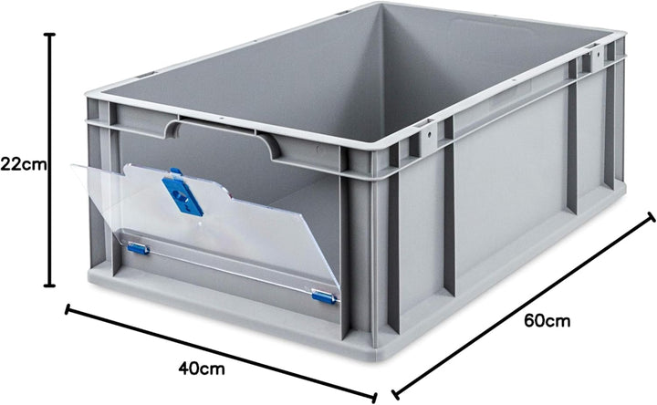 aidB Eurobox NextGen Insight Cover blau, 600x400x220 mm, Cover hoch, robuste Regalbox mit Entnahmeöf