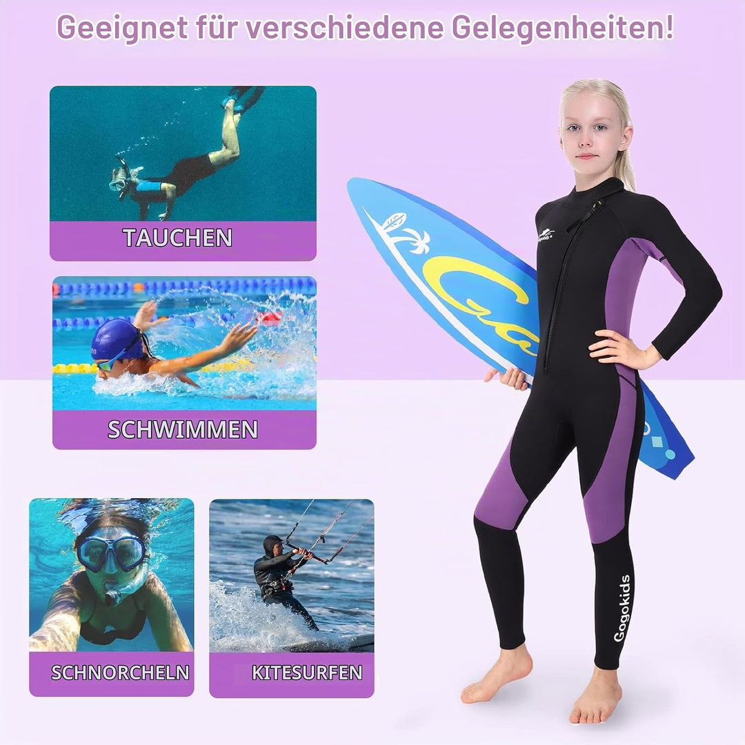 Gogokids Neoprenanzug Kinder, 8-16 Jahre Neopren Thermal Badeanzug, Front Zipper Lang Taucheranzug,