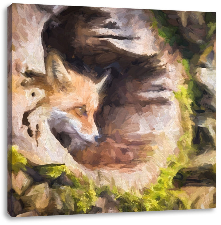 schöner Fuchs im Baumstamm, Format: 70x70 auf Leinwand, XXL riesige Bilder fertig gerahmt mit Keilra