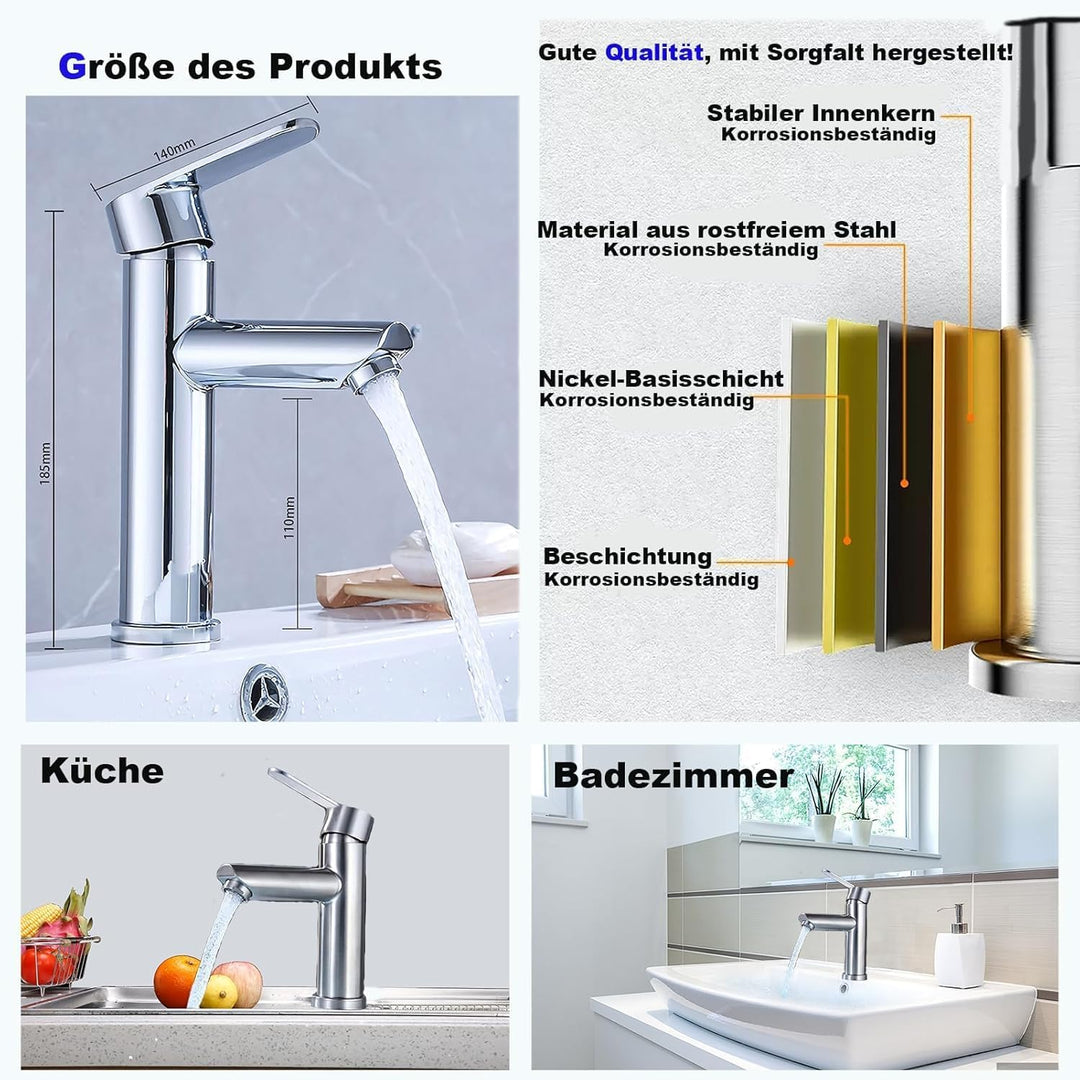 Waschtisch- und Badezimmerarmaturen aus Edelstahl, warm und kalt, mit geräuschloser Wassereinsparung