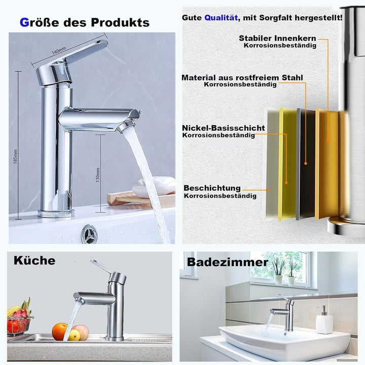 Waschtisch- und Badezimmerarmaturen aus Edelstahl, warm und kalt, mit geräuschloser Wassereinsparung