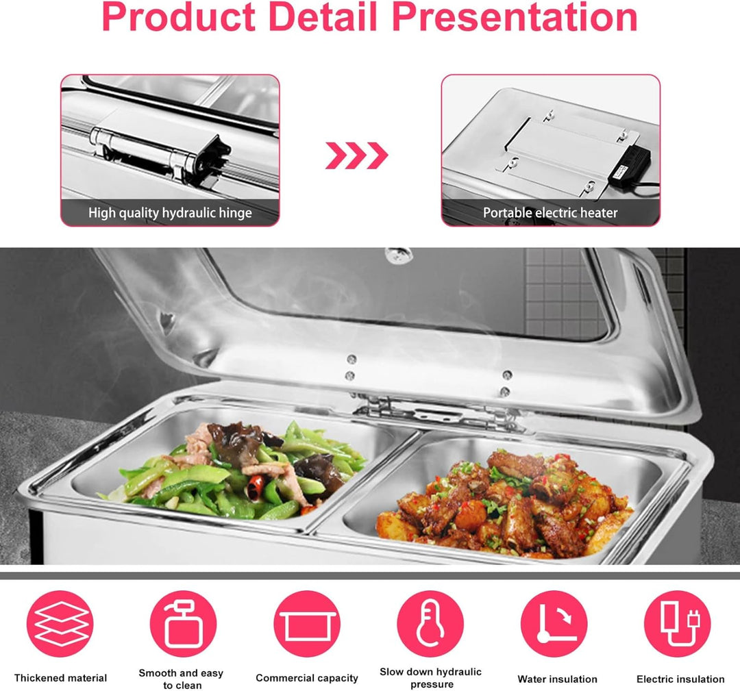 9L Speisenwärmer Chafing Dish, Chafing Dish Elektrisch mit Sichtbarem Glasdeckel, Wärmebehälter Spei