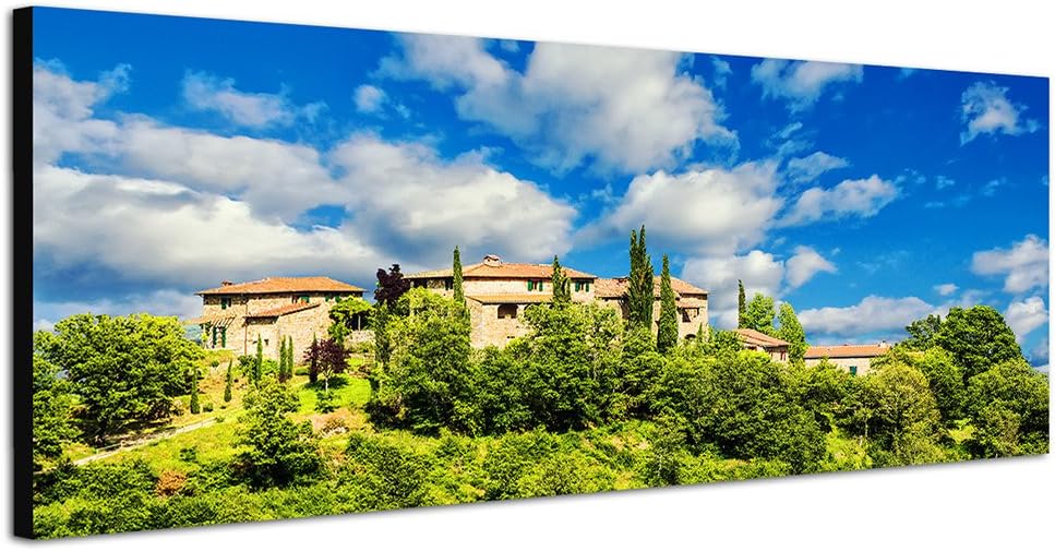 Paul Sinus Art Panoramabild auf Leinwand und Keilrahmen 150x50cm Toskana Dorf Bäume Wolken Sommer