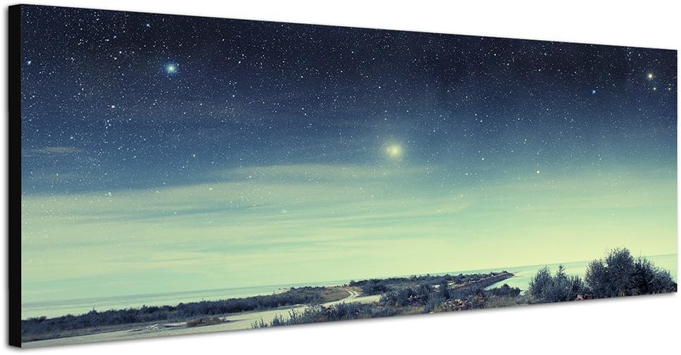 Paul Sinus Art Panoramabild auf Leinwand und Keilrahmen 150x50cm Küste Meer Nacht Himmel Sterne