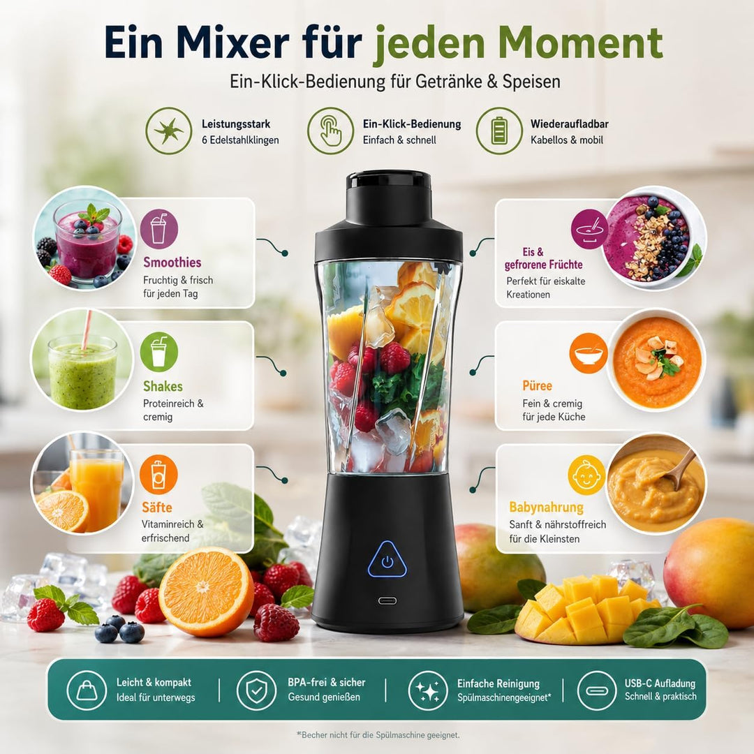 Tragbarer Mini Mixer mit Akku 6000 mAh, 240W Smoothie Maker, 650 ml To-Go Blender, 6 Edelstahlklinge