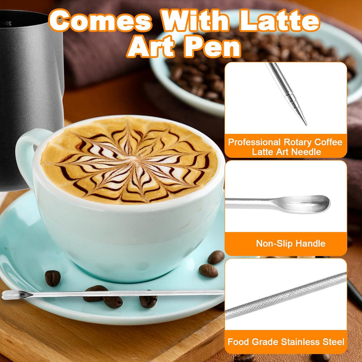 APACALI 2 Stück Milchkännchen Edelstahl Schwarz, Barista Milchschaumkännchen mit Messung Mark und La