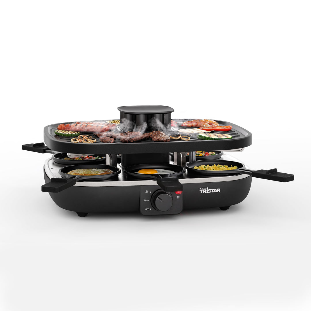 Tristar Raclette Clean Air, 1100 W, Für 6 Personen, Luftfiltersystem, Geruchsarm, Antihaft, PFAS-fre