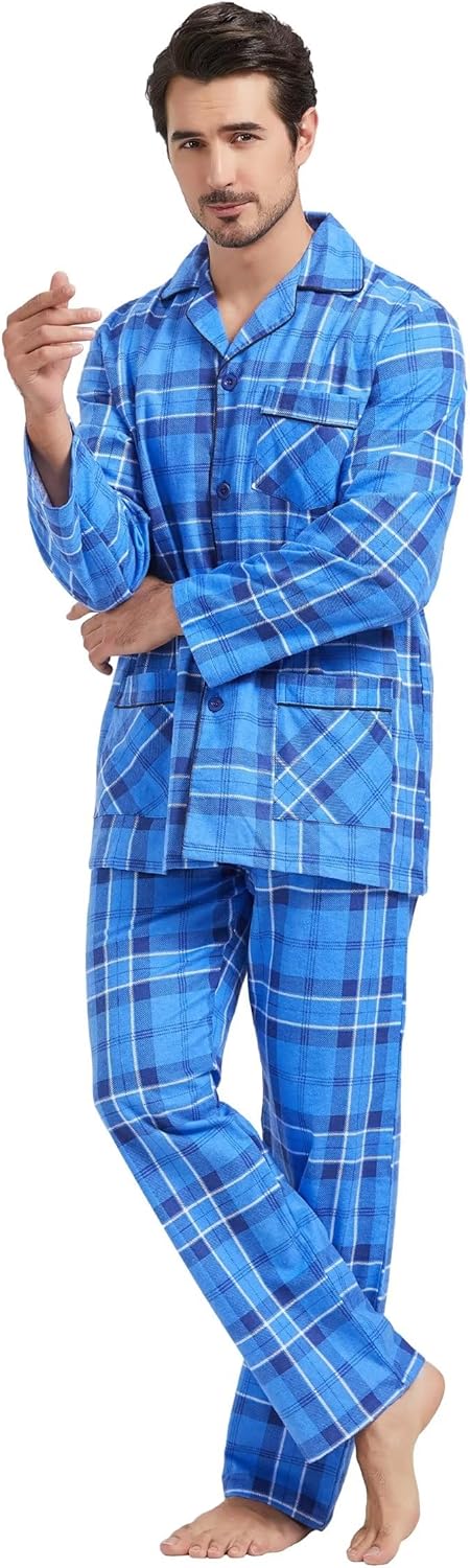 Amaxer Flanell Schlafanzug Herren 100% Baumwolle Pyjama mit Knopfleiste Set Lang Warmer Winter Schla