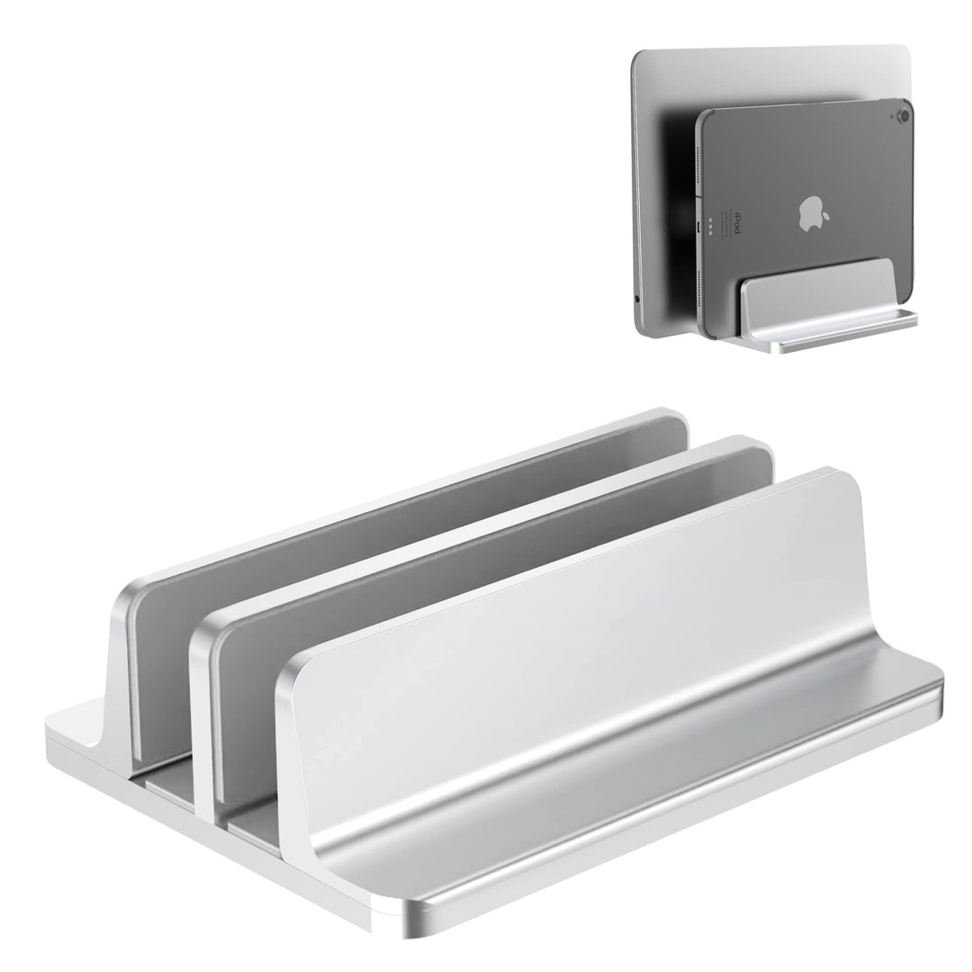 Vertikaler Laptop-Ständer, verstellbar, 2 Schlitze, Aluminium, Schreibtischhalterung (bis zu 43,9 cm