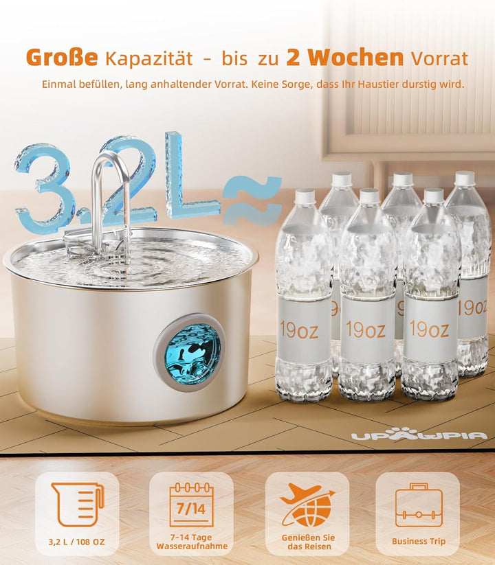 UPAWPIA 3.2L Katzenbrunnen Edelstahl mit 8 Filtern Trinkbrunnen für Katze Katzenbrunnen für Katzen m
