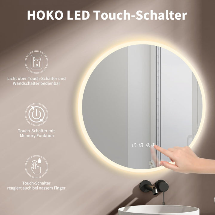 HOKO Badspiegel LED Antibeschlag Rund 80cm mit digital Uhr, mit LED Wechsel 2700-6500K (Warmweiss -