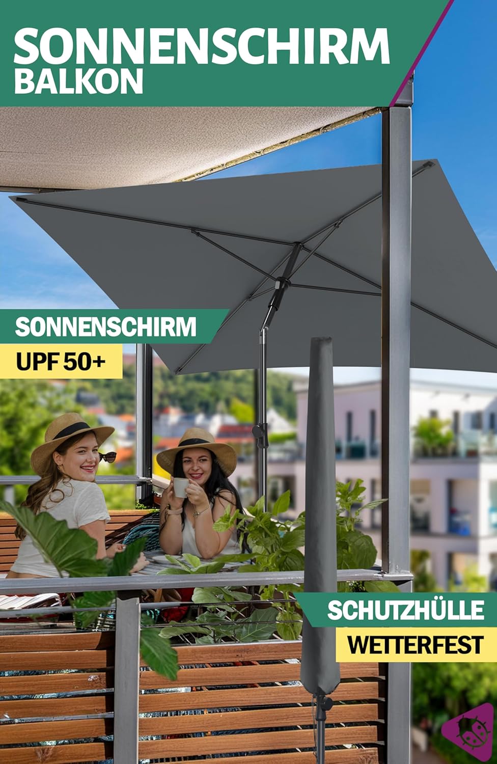 Menz Sonnenschirm Balkon Anthrazit, inkl. Sonnenschirmhülle - UPF 50+ Sonnenschirm rechteckig 190 x