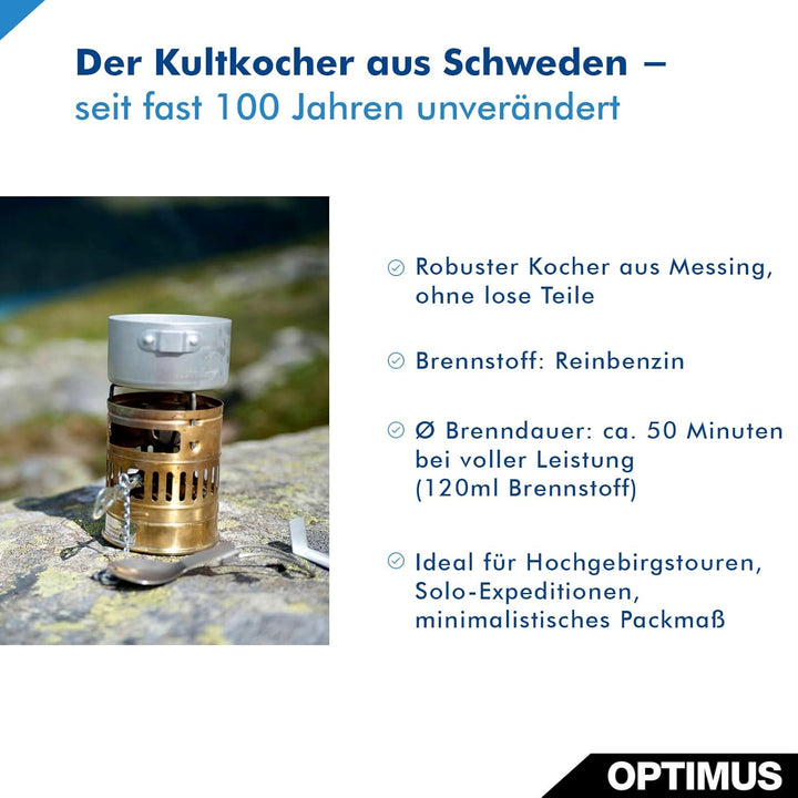 OPTIMUS Benzinkocher Svea 1400 W - Messing Benzinkocher mit Alu Kochtopf Benzinkocher Svea Einheitsg