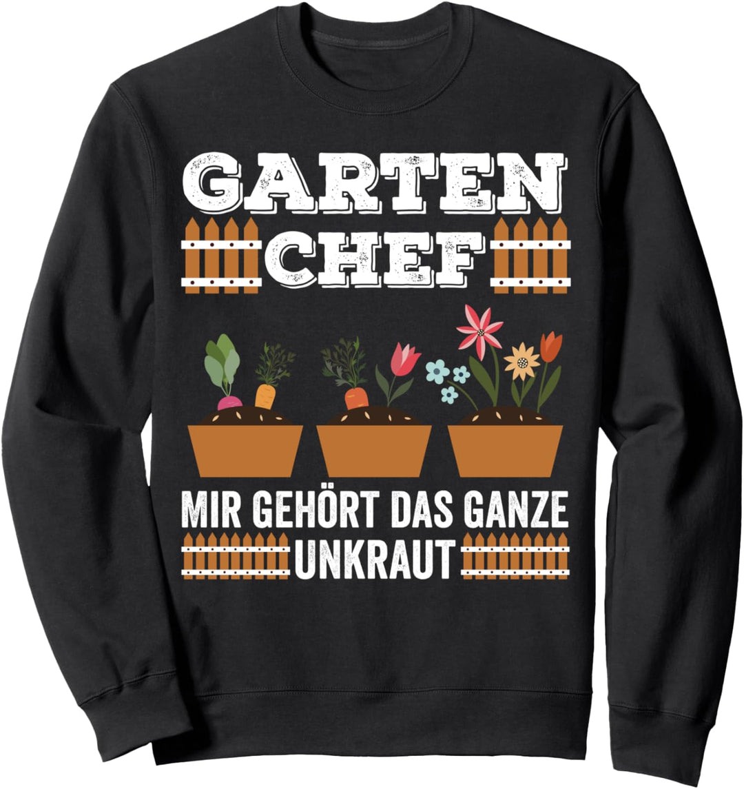 Lustiges Gärtner und Hobbygärtnerin mit Pflanzen im Beet Sweatshirt