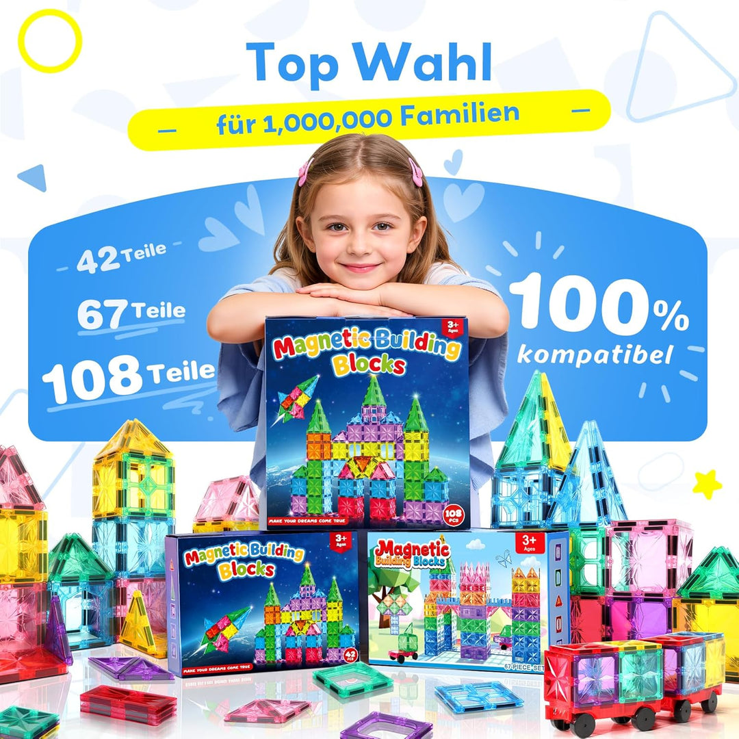 WOOBLO Magnetische Bausteine, 67 Teile Magnetbausteine, Magnetspiel STEM Magnetbausteine, Montessori
