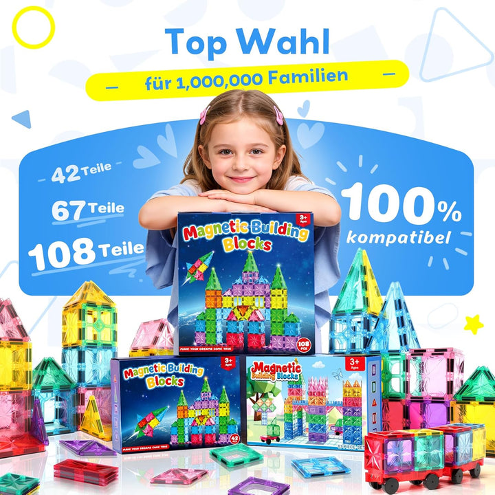 WOOBLO Magnetische Bausteine, 67 Teile Magnetbausteine, Magnetspiel STEM Magnetbausteine, Montessori