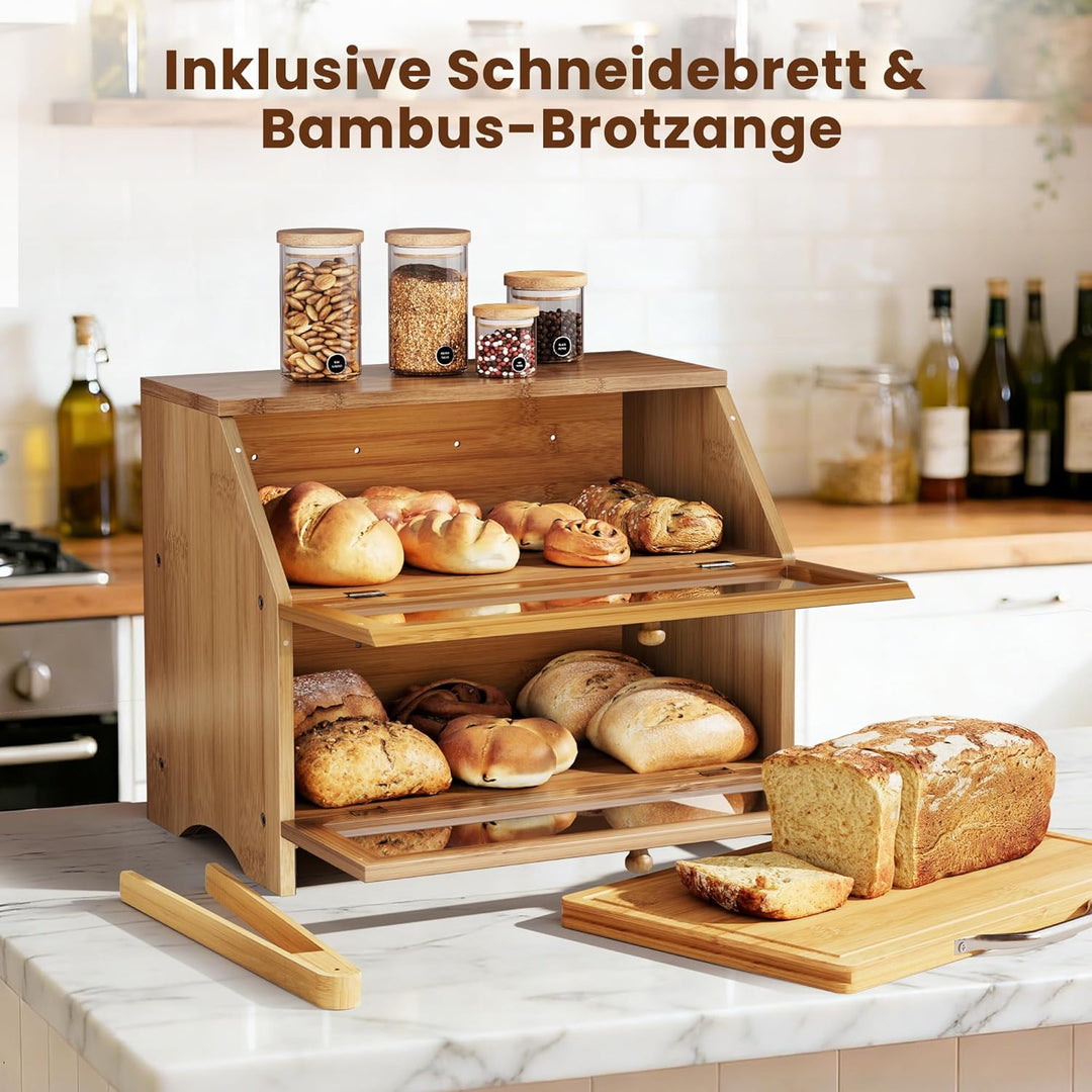 Pamapic Brotkasten Bambus, Brotkorb mit Schneidebrett, 2 Etagen Brotbox mit Brotzange, Brotaufbewahr