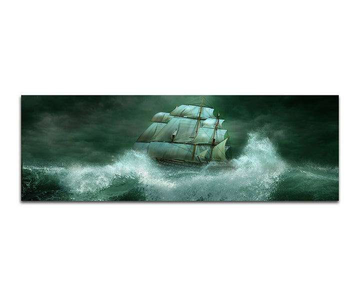 Paul Sinus Art Panoramabild auf Leinwand und Keilrahmen 150x50cm Meer Wellen Sturm Segelschiff Nacht
